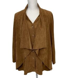 IC By Connie K Faux Suede Jacket Large Artsy Brown Draped Lagenlook Boho USA